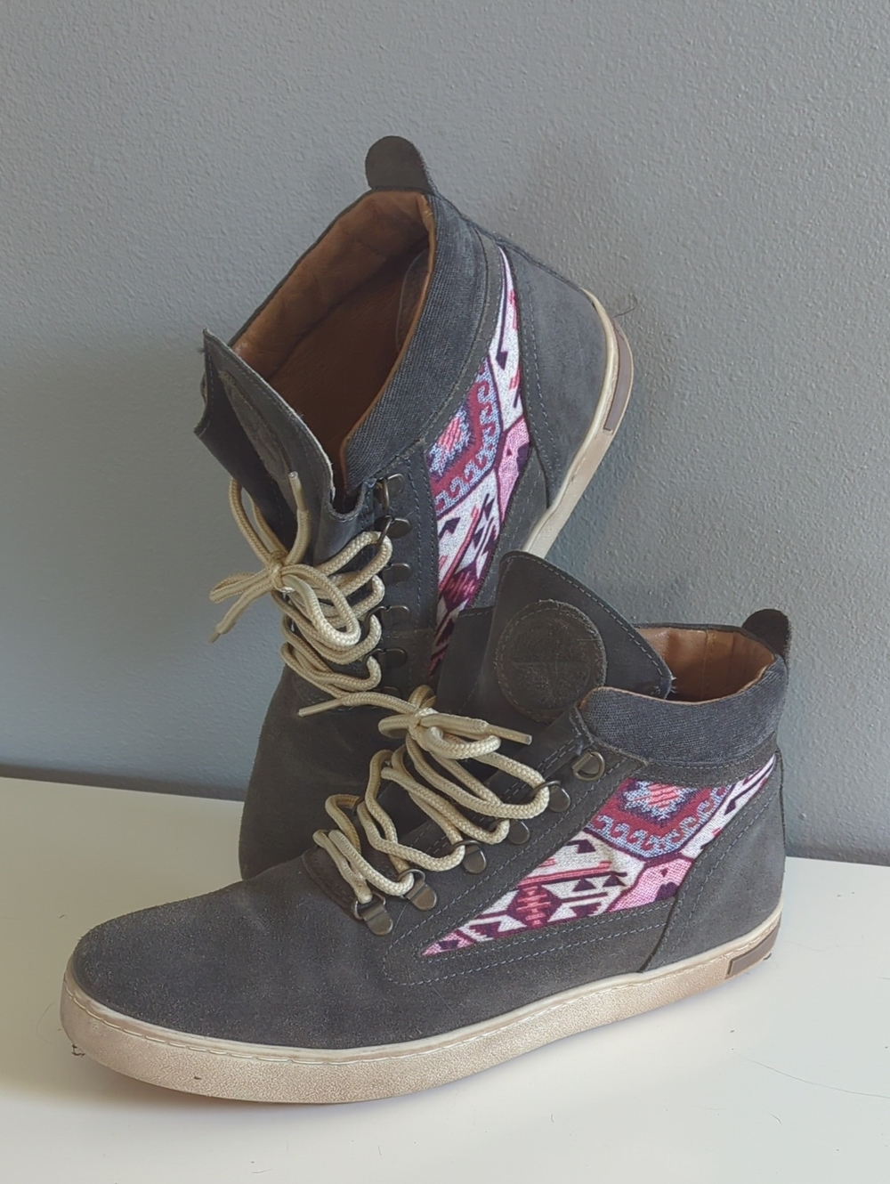 inkkas Gray Suede Lace-Up Boots with Pink Aztec Panel